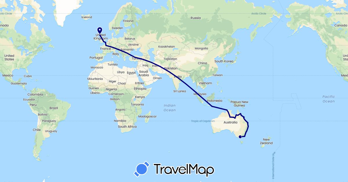 TravelMap itinerary: driving in Australia, France, United Kingdom, Croatia, Indonesia, Turkey (Asia, Europe, Oceania)